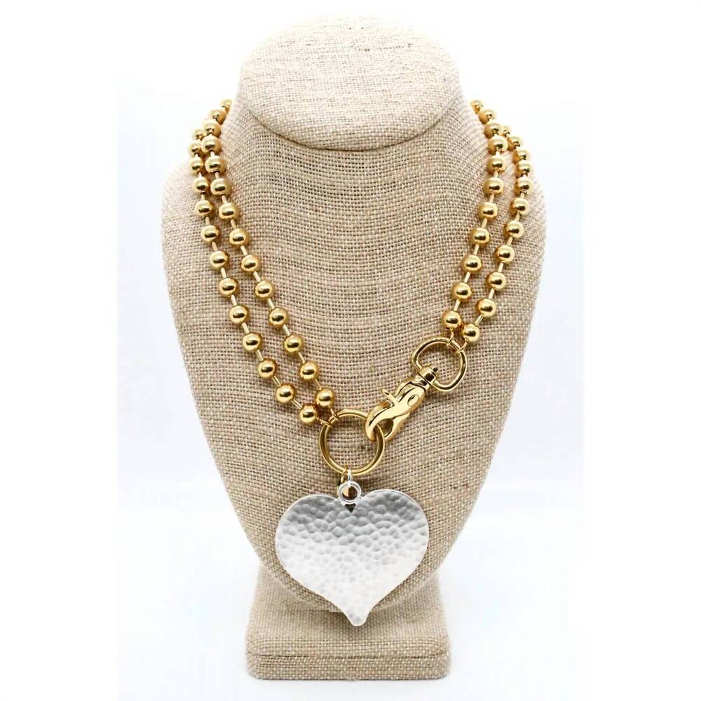 NEW LIZOU women's large hammered heart convertible chain necklace in gold